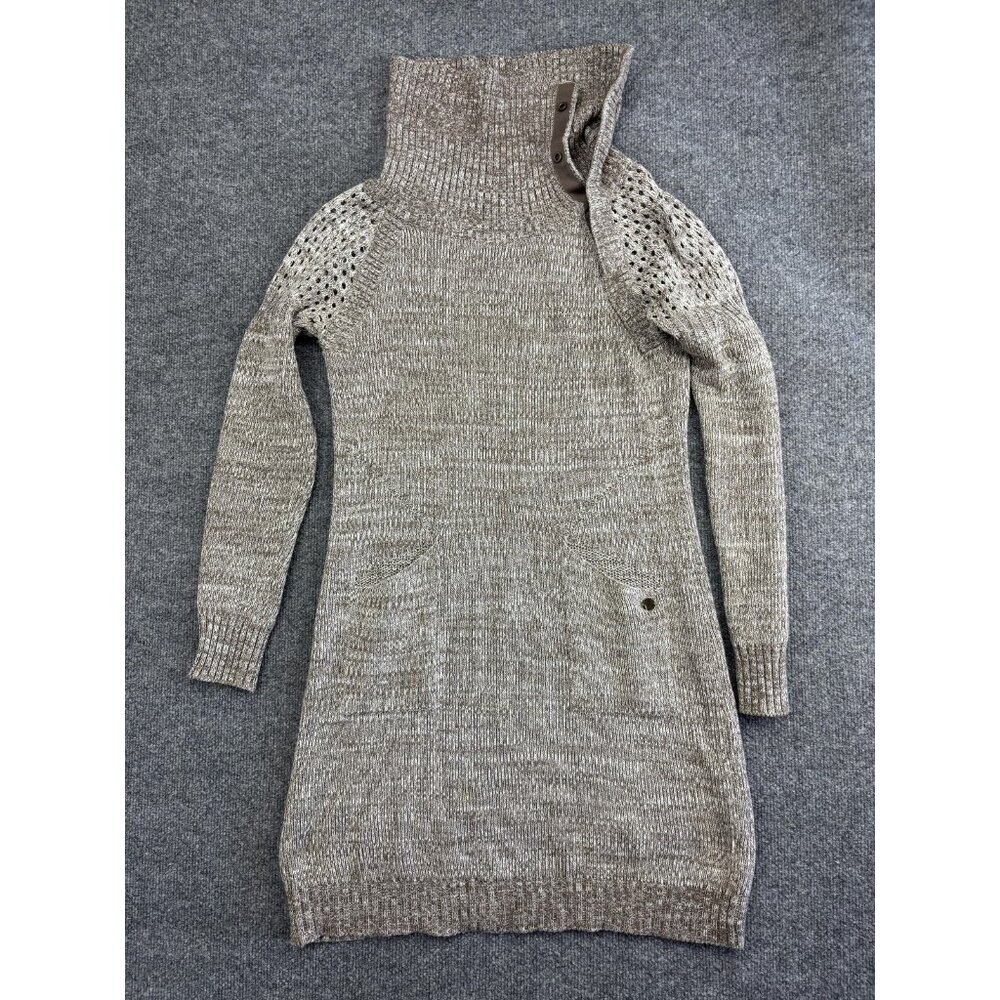 Prana Sweater Dress Womens Small Gray Knit Cowl Neck Button Pullover Pockets